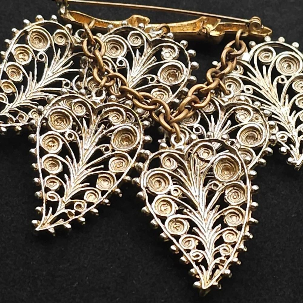 Vintage Filigree Dangle Leaf Brooch Statement‎ Nature Gold & Silver Tone Ornate
